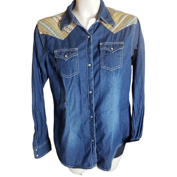Wrangler M Long Sleeve Shirt Pearl Snap Button Up Denim & Aztec Yoke Shacket - Picture 1 of 11